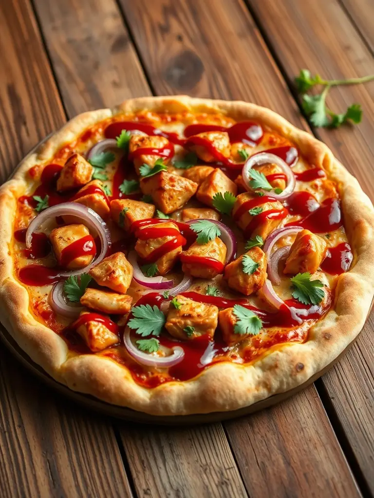 A mouth-watering shot of a 'BBQ Bonanza' pizza from Tops Pizza, featuring grilled chicken, red onions, cilantro, and a generous drizzle of BBQ sauce on a crispy, thin crust.