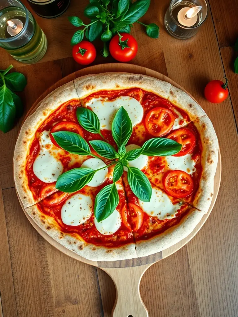 A vibrant, overhead shot of a 'Margherita Mania' pizza from Tops Pizza, featuring fresh basil leaves, ripe tomato slices, and melted mozzarella on a perfectly baked crust, presented on a wooden pizza peel.