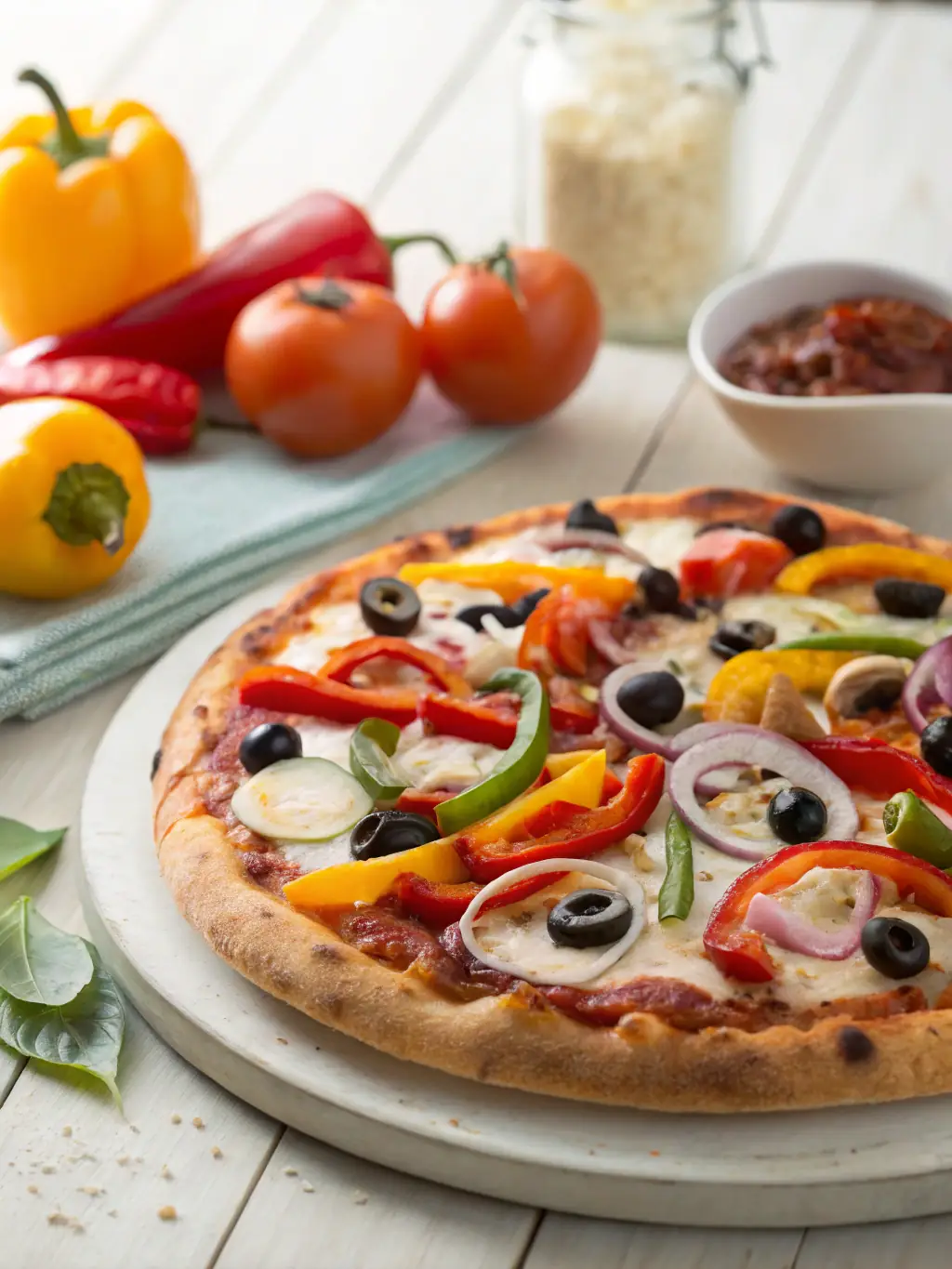 An appetizing image of a 'Veggie Supreme' pizza from Tops Pizza, displaying a colorful assortment of fresh vegetables such as bell peppers, mushrooms, onions, and olives on a golden crust.