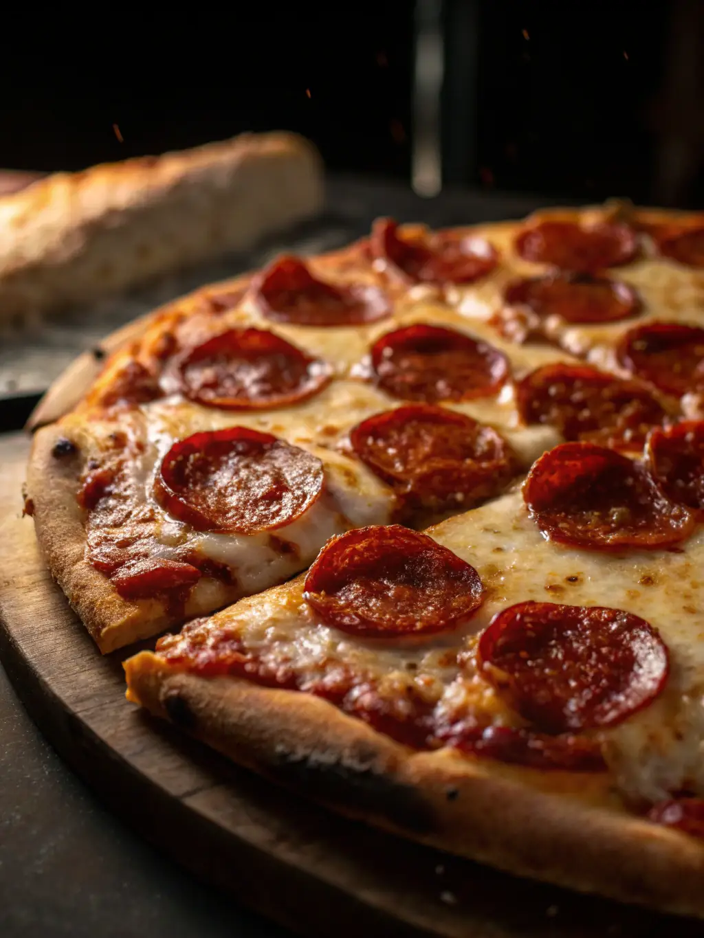 A close-up studio shot of a 'Pepperoni Powerhouse' pizza from Tops Pizza, showcasing generous slices of pepperoni, melted cheese, and a crispy crust, with steam rising to indicate freshness.