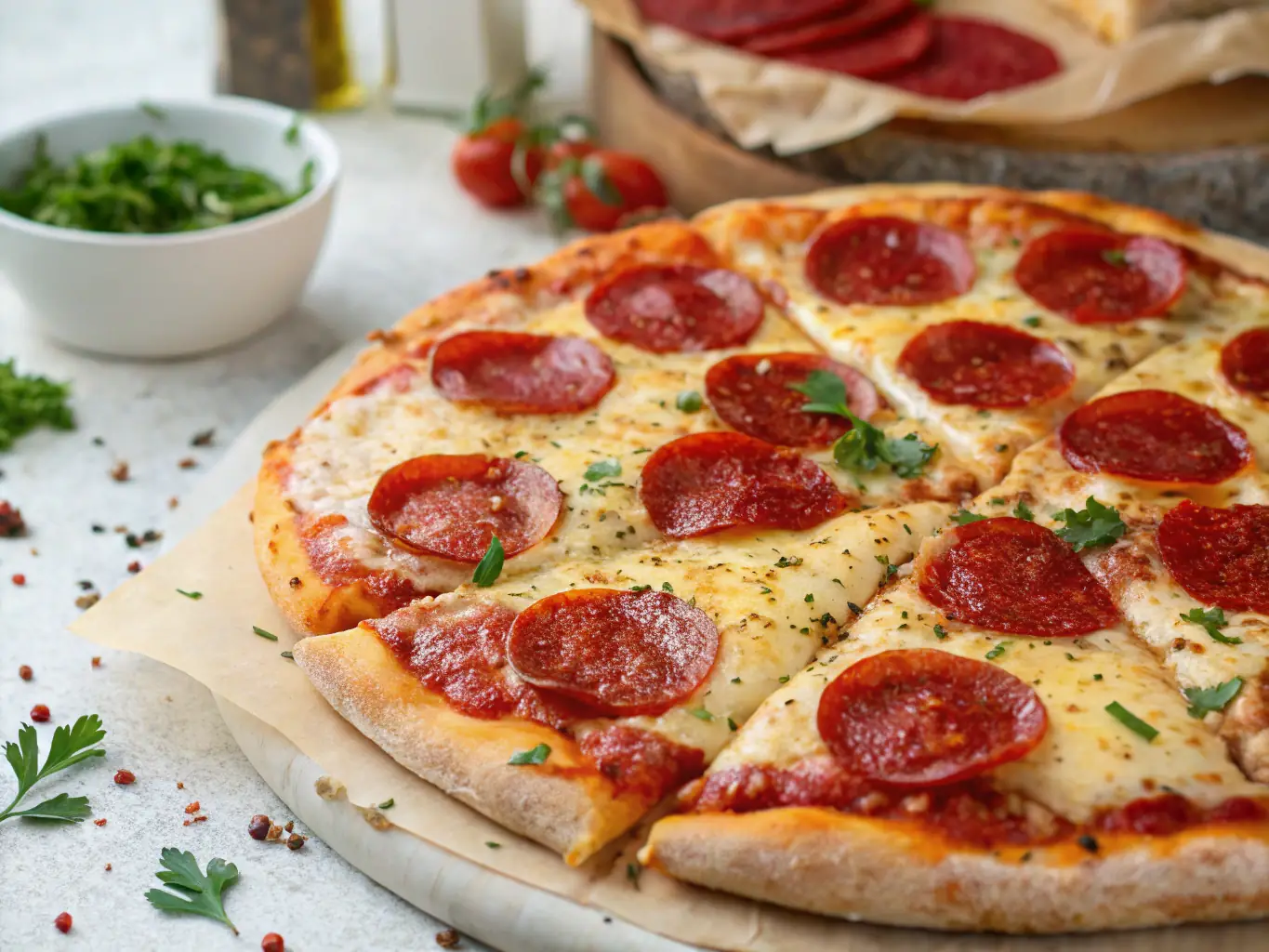 A visually appealing image of a Pepperoni Feast pizza, loaded with layers of pepperoni slices and melted cheese. The pizza is cut into slices, revealing the generous toppings and inviting texture.