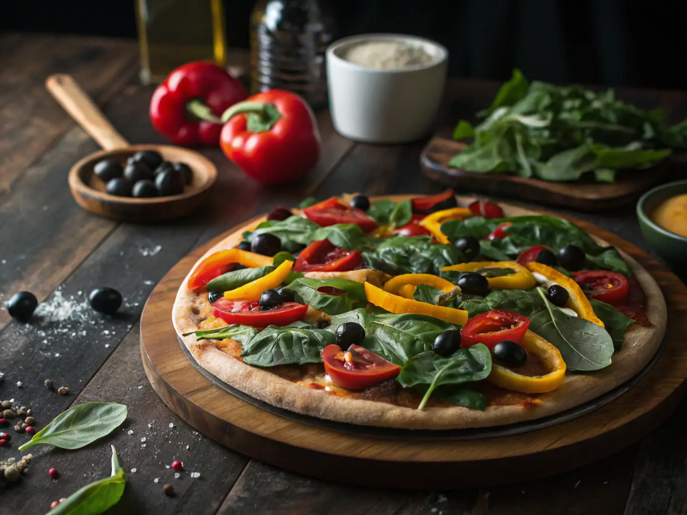 A tempting image of a Vegetarian Supreme pizza, featuring a colorful assortment of fresh vegetables such as bell peppers, mushrooms, onions, and olives. The pizza is garnished with herbs and spices.