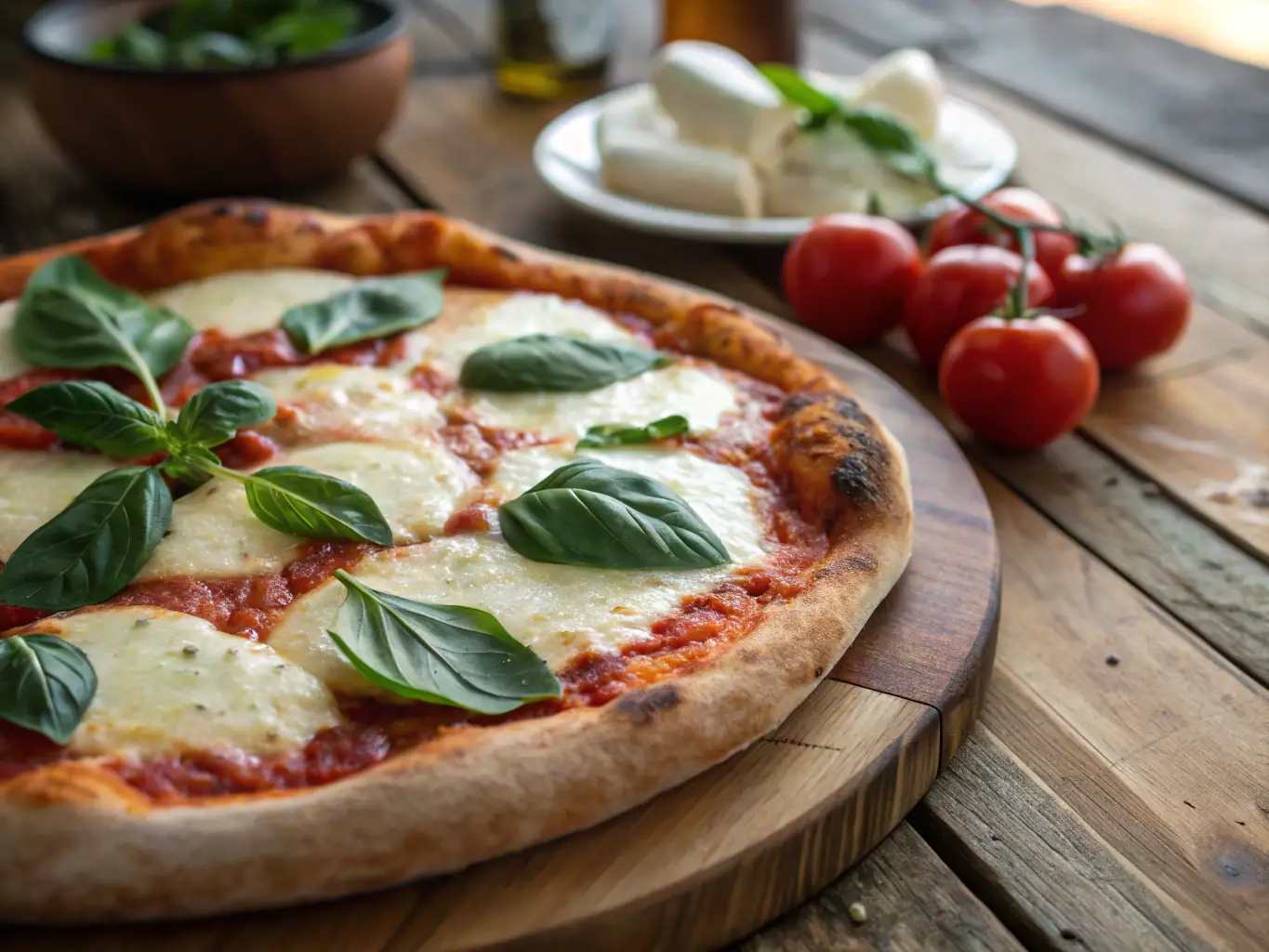 A vibrant, high-definition image of a Margherita pizza with fresh basil leaves and melted mozzarella, showcasing its simplicity and classic appeal. The pizza is set on a rustic wooden board, highlighting the natural ingredients.